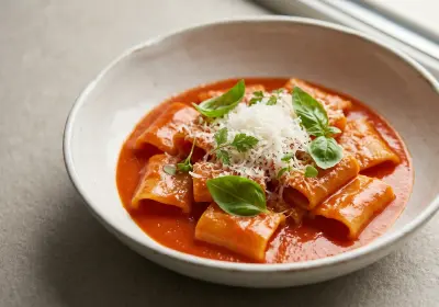 Paccheri « Da Vittorio » : Émulsion de Tomates de Sicile et Parmesan 30 Mois