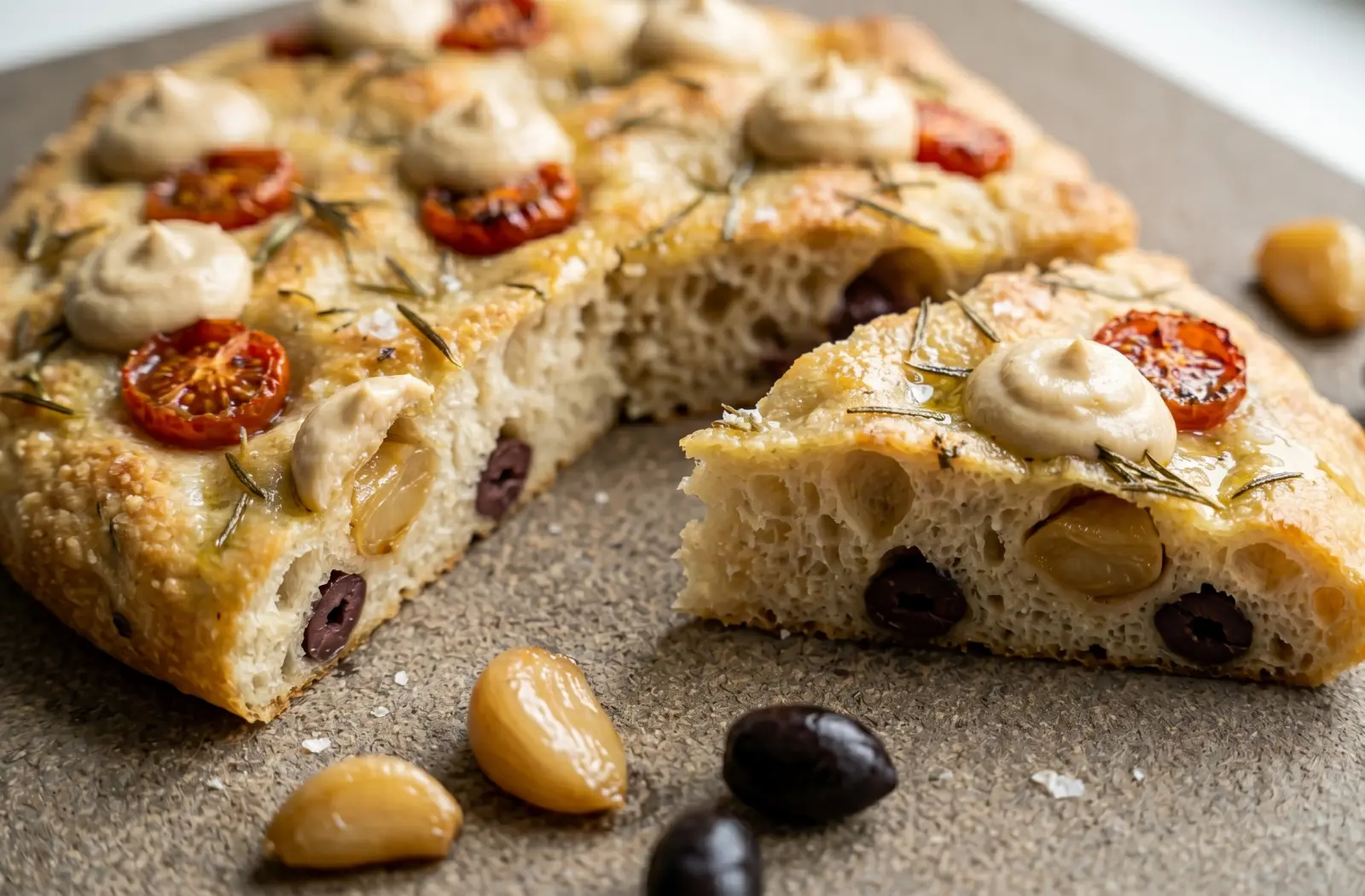 Focaccia Alvéolée à l'Ail Fumé et Trio de Textures